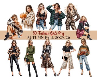 Herfstmode-clipart | Aquarel mode meisje clipart | Mode meisjes clipart | Aquarel herfst meisjesmode png | Digitale download