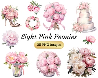 May include: A collection of 35 digital images featuring light pink peonies in various arrangements. The images include bouquets, wreaths, single blooms, and peonies on a cake. The text "Light Pink Peonies" and "35 PNG images" is displayed on a gold banner.