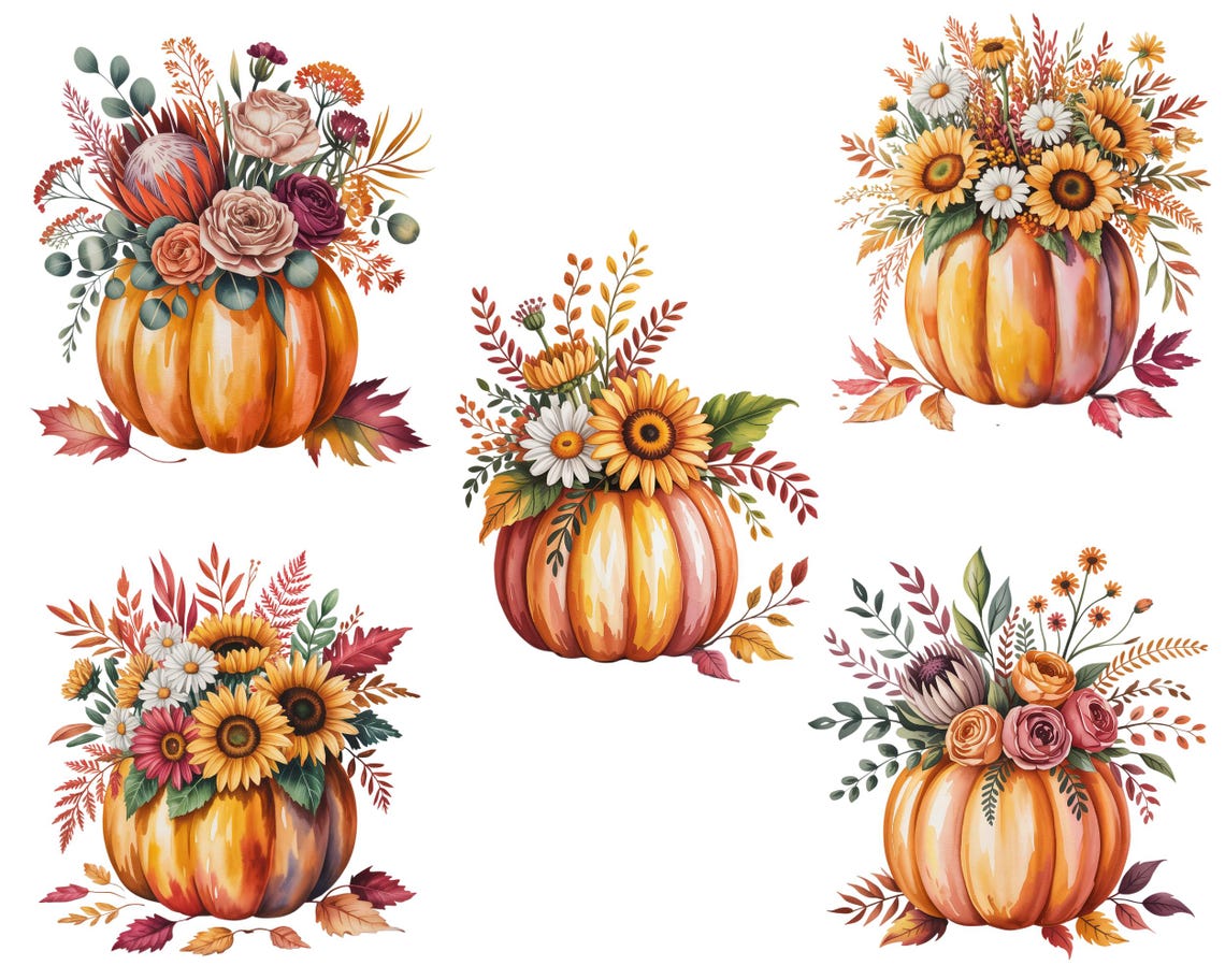 120 Watercolor Floral Pumpkin PNG | Autumn Clipart | Watercolor Pumpkin ...