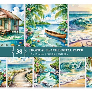 38 Beach Digital Paper Pack | Watercolor Tropical beach | Watercolor Seascapes | Beach Landscape | Digital Download