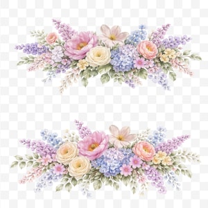 May include: Watercolor illustration of two floral arrangements. Each arrangement features a variety of flowers in shades of pink, purple, yellow, and blue, with green foliage. The flowers include roses, hydrangeas, and other blossoms, creating a soft, romantic aesthetic.