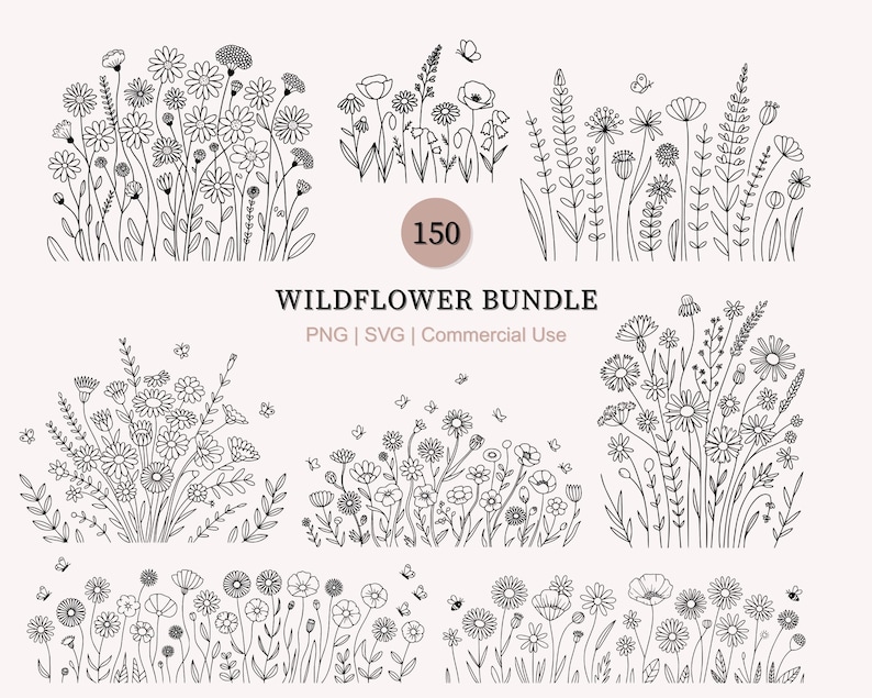 May include: Black and white line art illustrations of wildflowers and butterflies. The image includes the text "WILDFLOWER BUNDLE" and the number "150". The illustrations are in a variety of styles, including daisies, poppies, and other wildflowers.