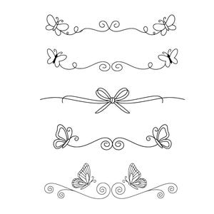 May include: Black and white line art of decorative design elements. The image features six horizontal lines with butterflies, bows, and swirls. These elements are suitable for various craft projects.