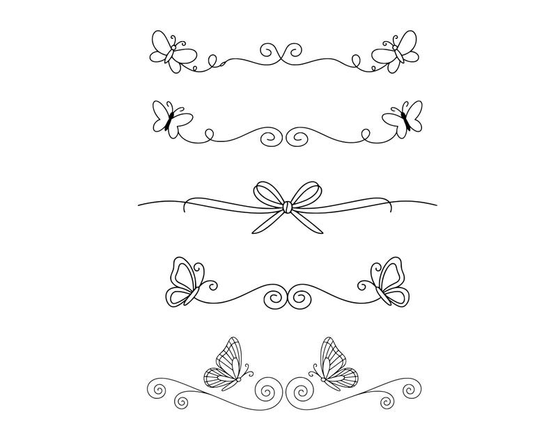 May include: Black and white line art of decorative design elements. The image features six horizontal lines with butterflies, bows, and swirls. These elements are suitable for various craft projects.