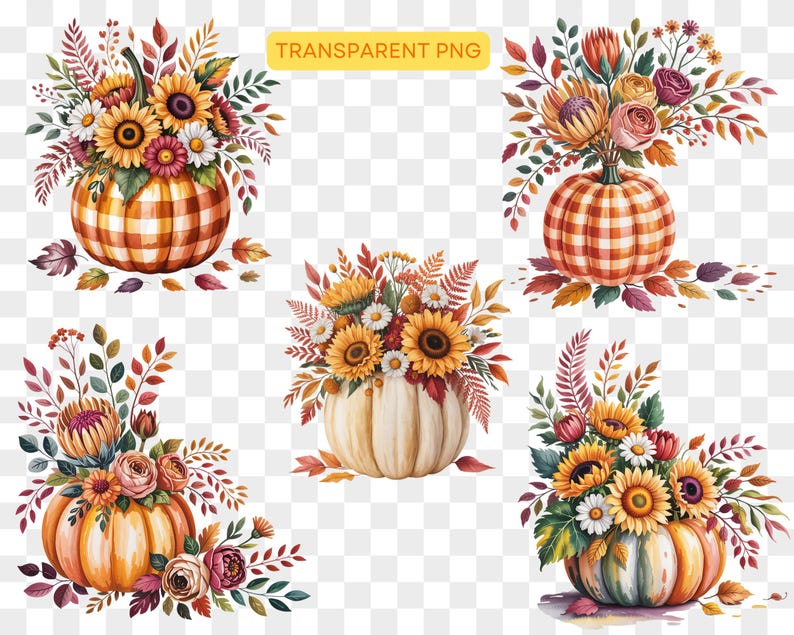 120 Watercolor Floral Pumpkin PNG | Autumn Clipart | Watercolor Pumpkin ...