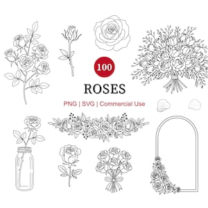 100 Rose Flower Bundle SVG PNG clipart| Hand drawn Roses Vectors Outline | Rose Line Artwork | Rose Designs Botanical Line Art | Rose Frame