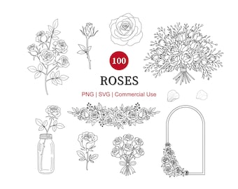 100 rozenbloemenbundel SVG-png-clipart| Handgetekende rozen vectoren overzicht | Rooslijnkunstwerk | Rose Designs botanische lijntekeningen | Rozenlijst