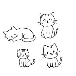 May include: Four black and white cartoon cat illustrations. One cat is sleeping, curled up. The other three cats are sitting upright, with happy expressions. The cats have striped markings on their heads and tails.
