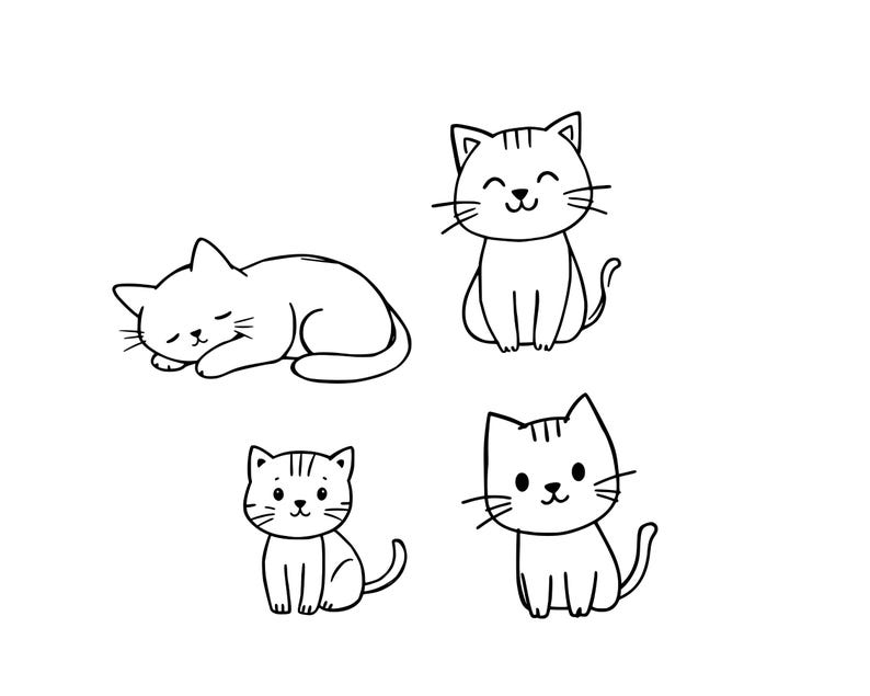 May include: Four black and white cartoon cat illustrations. One cat is sleeping, curled up. The other three cats are sitting upright, with happy expressions. The cats have striped markings on their heads and tails.