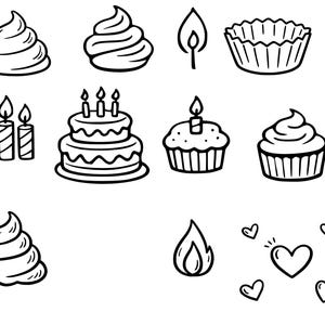 May include: Black and white line art illustrations of various birthday-themed items. The image includes cupcakes, a two-tiered cake, candles, frosting swirls, a cupcake liner, a flame, and hearts.