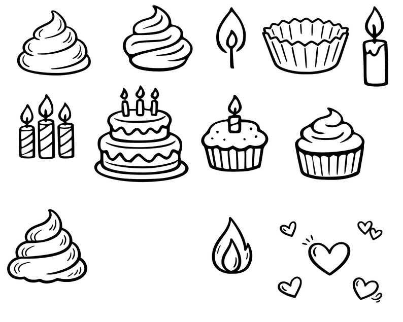 May include: Black and white line art illustrations of various birthday-themed items. The image includes cupcakes, a two-tiered cake, candles, frosting swirls, a cupcake liner, a flame, and hearts.