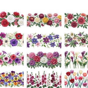 May include: A collection of watercolor floral border designs featuring various flowers such as roses, dahlias, anemones, petunias, calla lilies, and tulips. Each design showcases a different color palette and flower arrangement.