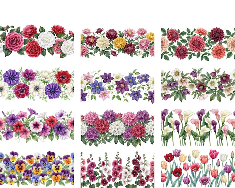 May include: A collection of watercolor floral border designs featuring various flowers such as roses, dahlias, anemones, petunias, calla lilies, and tulips. Each design showcases a different color palette and flower arrangement.