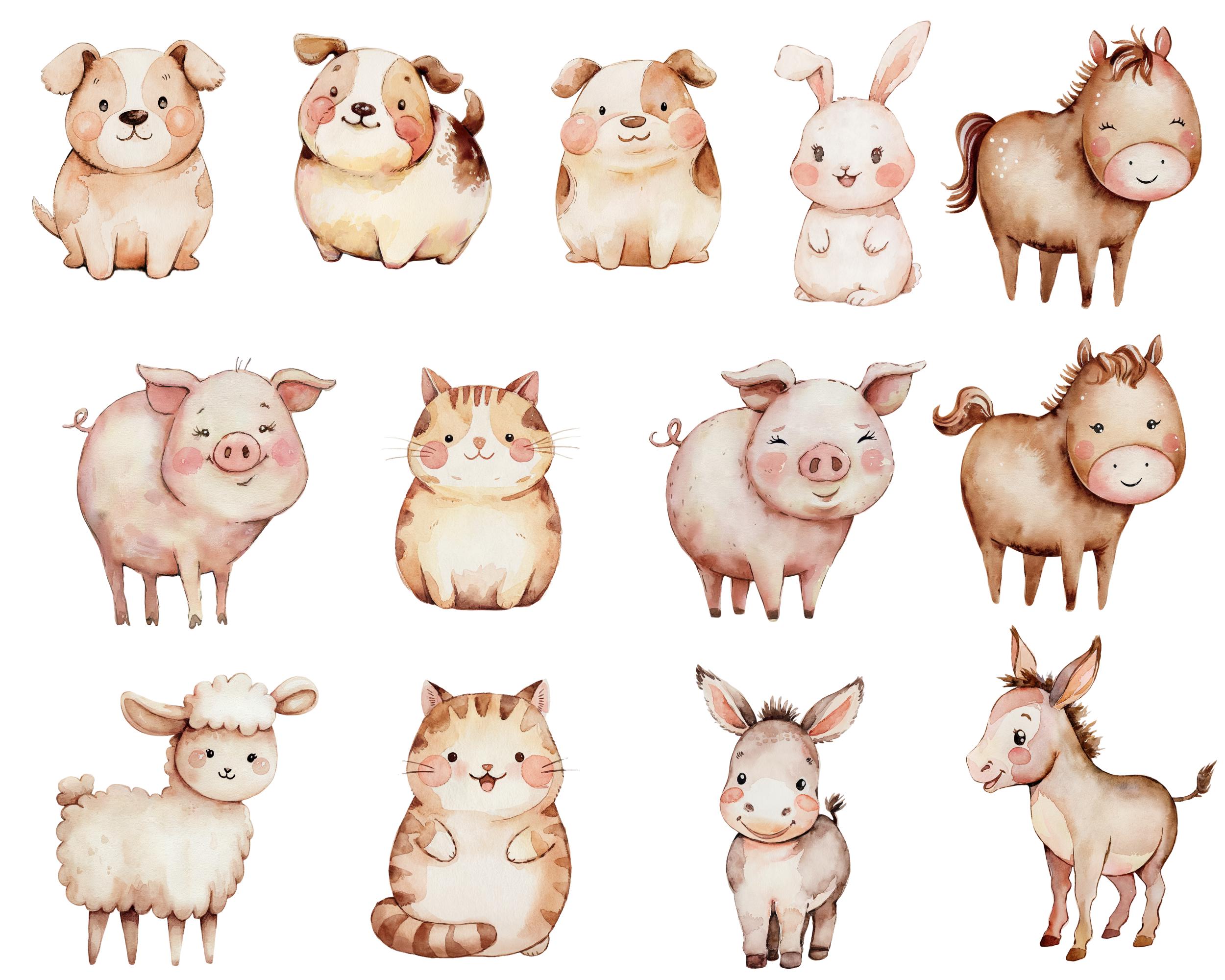 Cute Farm Clipart | Watercolor Farm Animals | Digital Download | Farm ...