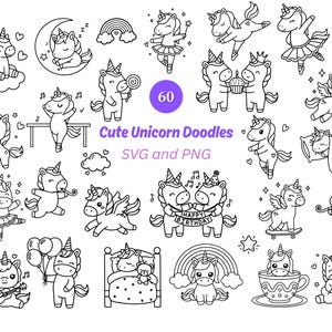 Könnte beinhalten: Schwarz-Weiß-Illustrationen von niedlichen Einhörnern in verschiedenen Posen. Das Bild zeigt Einhörner mit Flügeln, die Ballons halten und tanzen. Der Text auf dem Bild lautet "Cute Unicorn Doodles SVG and PNG" und die Zahl "60".