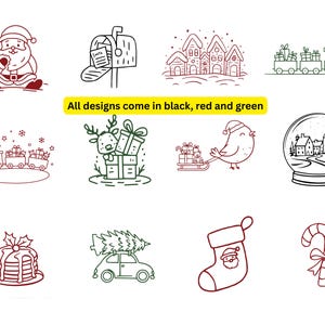 May include: A collection of Christmas-themed line art designs in black, red, and green. The designs include Santa Claus, a mailbox, houses, a train, a snow globe, pancakes, a car with a Christmas tree, a stocking, and a candy cane.