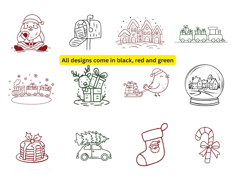 May include: A collection of Christmas-themed line art designs in black, red, and green. The designs include Santa Claus, a mailbox, houses, a train, a snow globe, pancakes, a car with a Christmas tree, a stocking, and a candy cane.