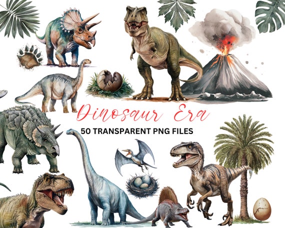 Watercolor Realistic Dinosaur Clipart | Dinosaur Wall Art Bundle Set | 50 Transparent PNGs clipart | Instant Digital Download Commercial use