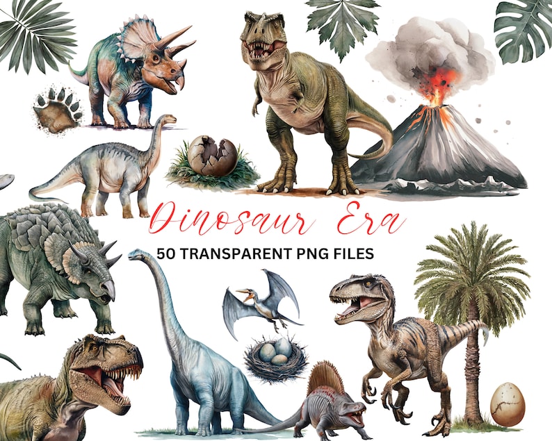 May include: Watercolor illustrations of various dinosaurs, including a Tyrannosaurus Rex, Triceratops, Stegosaurus, and a Brachiosaurus. The illustrations are set against a white background with a volcano erupting in the background. The text "Dinosaur Era 50 TRANSPARENT PNG FILES" is written in red.