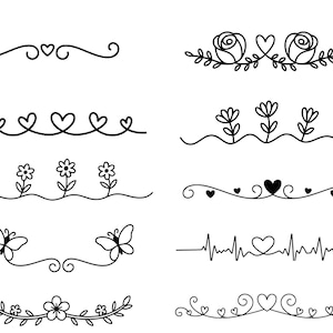May include: A collection of black and white line art dividers featuring various designs. These include floral, heart, and butterfly motifs, as well as decorative swirls and a heartbeat line. Ideal for adding a touch of elegance to any design project.