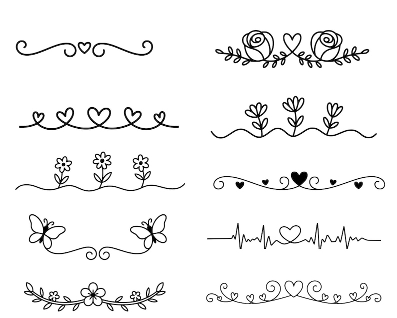 May include: A collection of black and white line art dividers featuring various designs. These include floral, heart, and butterfly motifs, as well as decorative swirls and a heartbeat line. Ideal for adding a touch of elegance to any design project.