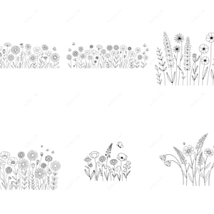 May include: Black and white line art illustrations of various wildflowers and plants. The drawings include daisies, poppies, and other floral elements, with some designs featuring butterflies. The images are suitable for crafting or design projects.