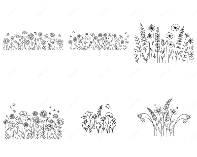 May include: Black and white line art illustrations of various wildflowers and plants. The drawings include daisies, poppies, and other floral elements, with some designs featuring butterflies. The images are suitable for crafting or design projects.