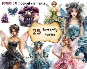 Butterfly Fairies and Magical Watercolor Clipart | 39 High Quality transparent png for Commercial Use | Instant Digital Download