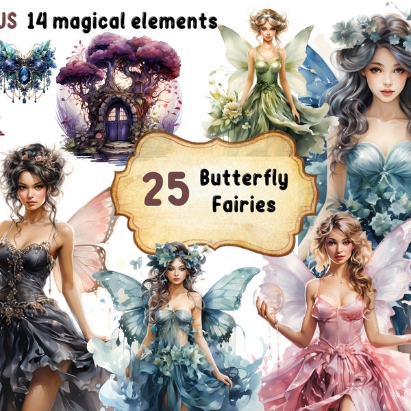 fées papillons et clipart aquarelle magique | 39 PNG transparents de haute qualité à usage commercial | Téléchargement numérique instantané