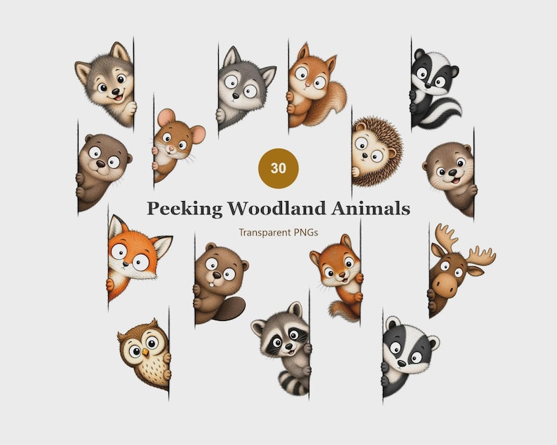 May include: A collection of 30 digital illustrations featuring various woodland animals peeking from behind vertical edges. The set includes a wolf, squirrel, skunk, hedgehog, otter, mouse, fox, beaver, owl, raccoon, badger, and moose. Text reads 30 Peeking Woodland Animals Transparent PNGs.