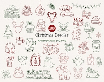 200 x Christmas doodle png svg | Hand Drawn Christmas Clipart Bundle, Winter illustrations Whimsical Christmas, Cute Xmas | Digital Download
