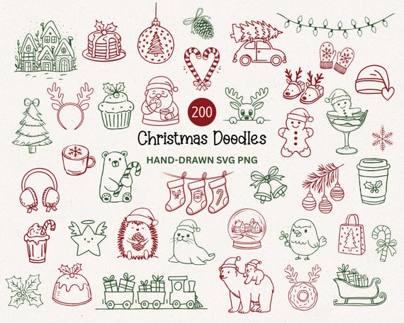 200 x Christmas doodle png svg | Hand Drawn Christmas Clipart Bundle, Winter illustrations Whimsical Christmas, Cute Xmas | Digital Download
