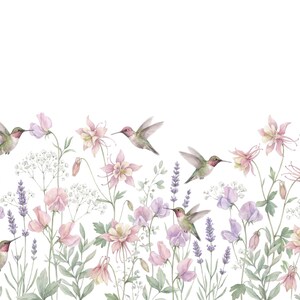 May include: Watercolor illustration of hummingbirds hovering near a variety of flowers. The flowers are in shades of pink, purple, and white, with green foliage. The hummingbirds have green bodies and red throats.