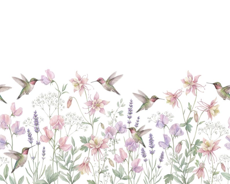 May include: Watercolor illustration of hummingbirds hovering near a variety of flowers. The flowers are in shades of pink, purple, and white, with green foliage. The hummingbirds have green bodies and red throats.