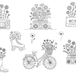 May include: Black and white line art illustration featuring daisies growing out of a VHS tape, a boombox, a cassette tape, a roller skate, a bicycle with a basket, and a rain boot. A poppy flower is also included.