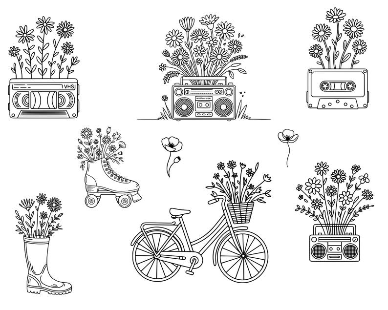 May include: Black and white line art illustration featuring daisies growing out of a VHS tape, a boombox, a cassette tape, a roller skate, a bicycle with a basket, and a rain boot. A poppy flower is also included.