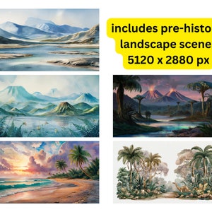 May include: A digital painting of three different prehistoric landscape scenes. The first scene shows a mountain range with a lake in the foreground. The second scene shows a lake with two volcanoes in the background. The third scene shows a jungle with a dinosaur in the foreground. The text "includes pre-historic landscape scenes 5120 x 2880 px" is included in the image.