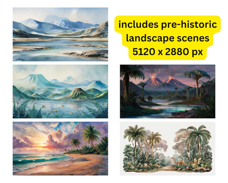 May include: A digital painting of three different prehistoric landscape scenes. The first scene shows a mountain range with a lake in the foreground. The second scene shows a lake with two volcanoes in the background. The third scene shows a jungle with a dinosaur in the foreground. The text "includes pre-historic landscape scenes 5120 x 2880 px" is included in the image.