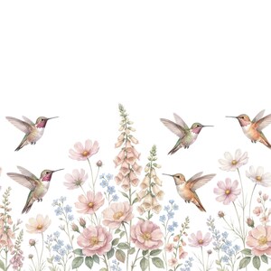 May include: Watercolor illustration of hummingbirds and flowers. The image features several hummingbirds in flight above a field of pink, white, and blue flowers. The flowers include roses, cosmos, and foxgloves, all rendered in soft watercolor hues.