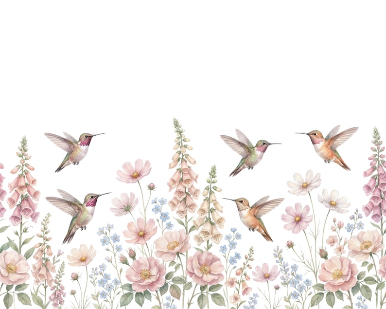 May include: Watercolor illustration of hummingbirds and flowers. The image features several hummingbirds in flight above a field of pink, white, and blue flowers. The flowers include roses, cosmos, and foxgloves, all rendered in soft watercolor hues.