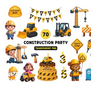 Könnte beinhalten: Eine Sammlung von Illustrationen zum Thema Bau, darunter ein gelber Helm mit dem Text "BIRTHDAY BOY", ein "HAPPY BIRTHDAY" Banner, ein Kuchen und Baufahrzeuge. Der Satz "CONSTRUCTION PARTY" ist ebenfalls sichtbar.