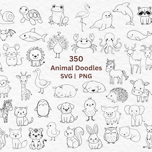 May include: A collection of 350 hand-drawn animal doodles in black and white. The image includes a variety of animals such as a snail, turtle, frog, flamingo, dolphin, raccoon, bat, shark, peacock, crab, octopus, deer, horse, sheep, giraffe, and more. Text reads "350 Animal Doodles SVG | PNG".