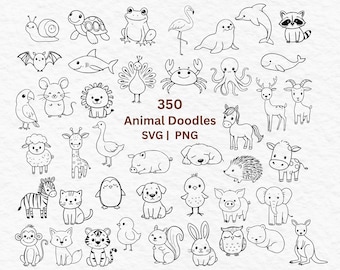 350 Animal Doodle SVG PNG Bundle | Cute Dogs Cats Safari Farm Sea Animals | Digital Download