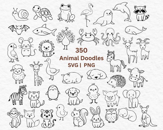 350 Animal Doodle SVG PNG Bundle | Cute Dogs Cats Safari Farm Sea Animals | Digital Download