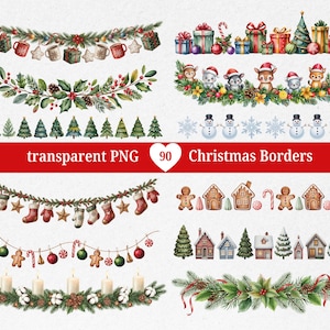90 x Christmas Garland Borders Clipart PNG | Winter Christmas Festive Borders | Watercolor Winter Ornaments Decoration | Digital Download