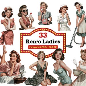 Retro Kobiety Clipart | Retro Gospodyni Domowa Clipart PNG | Kobiety Vintage | Panie Retro z lat 50. XX wieku | Gospodyni Domowa Retro | Natychmiastowe Pobieranie Cyfrowe