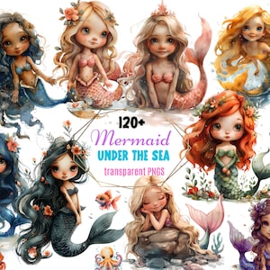 Plus de 120 cliparts aquarelle de sirène | Jolies sirènes PNG | Animaux marins mignons | Sous la mer | Téléchargement numérique