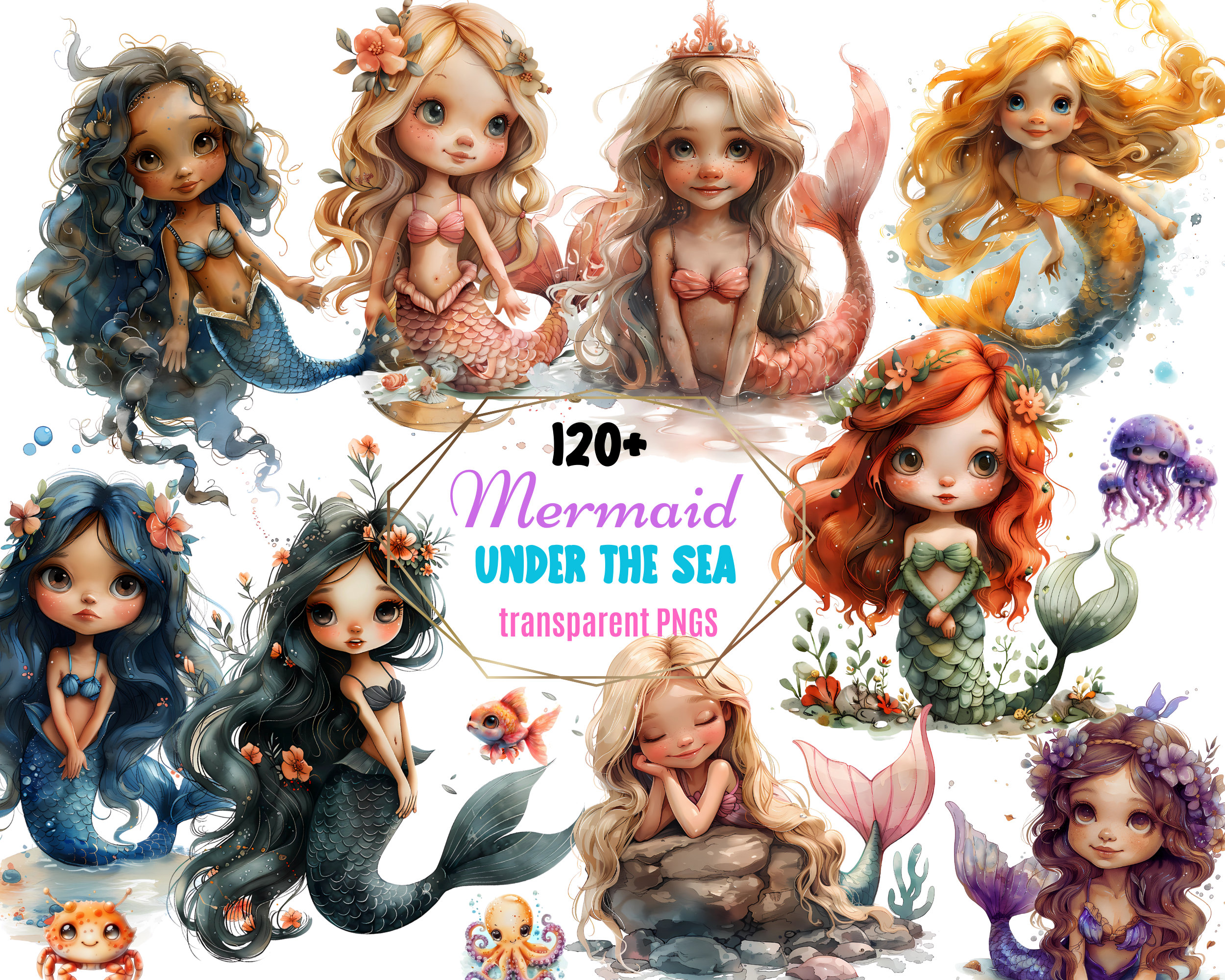 120+ Watercolor Mermaid Clipart Bundle |cute Mermaids PNG | Cute Sea ...