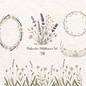May include: Watercolor illustration of a wildflower set. The set includes an oval wreath, a round wreath, a bouquet, and a floral border. The flowers are in shades of purple, yellow, and white, with green leaves. The text "Watercolor Wildflowers Set" is also included.