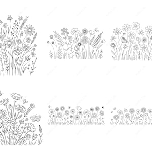 May include: Black and white line art illustrations of various wildflowers and grasses. The images depict detailed drawings of daisies, other flowers, and foliage, with some including butterflies. The style is reminiscent of botanical sketches.
